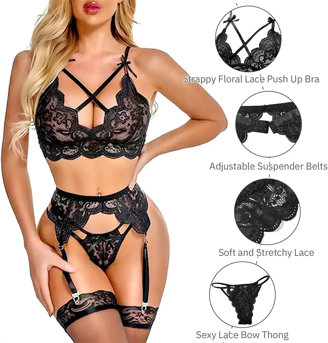 3-Piece Lingerie Set with Garter Belt – Lace and Elegant Design