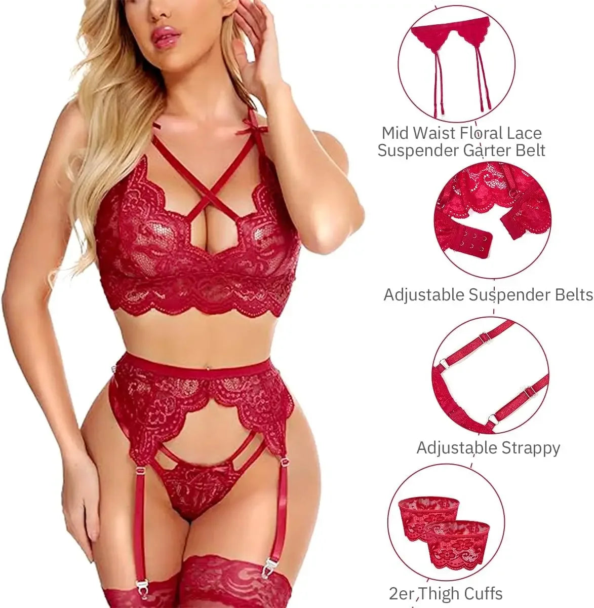 3-Piece Lingerie Set with Garter Belt – Lace and Elegant Design
